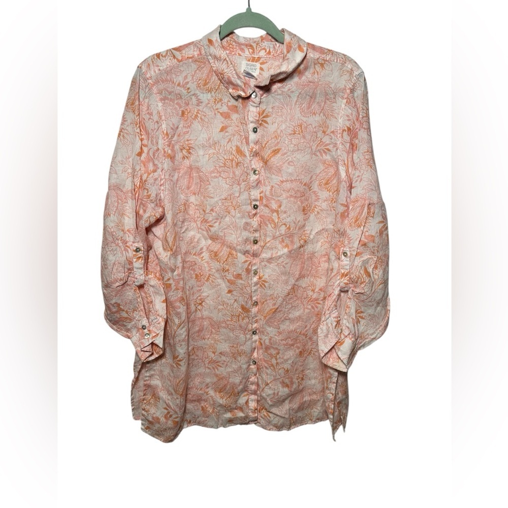 Sigrid Olsen Womens 1X Linen Button Down Tunic‎ Peach Orange Floral Roll Tab Top